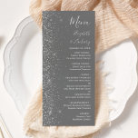 Menu Casamento de Borda Glitter da Cinza Moderna<br><div class="desc">A borda esquerda deste elegante cardápio moderno de casamento apresenta um design de cintilação. O texto personalizável combina a escrita manual de cinzas prateadas,  fontes copperplate e itálico em um fundo de cinza. O verso apresenta uma cinza e um design cintilante prateado.</div>