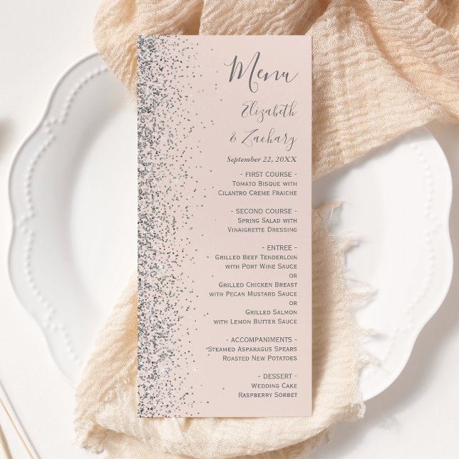 Menu Casamento de Borda Glitter de Prata Rosa-Blush Mod (Criador carregado)