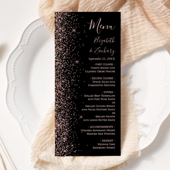 Menu Casamento de Borda Glitter Dourada com Rosa preto  (Criador carregado)