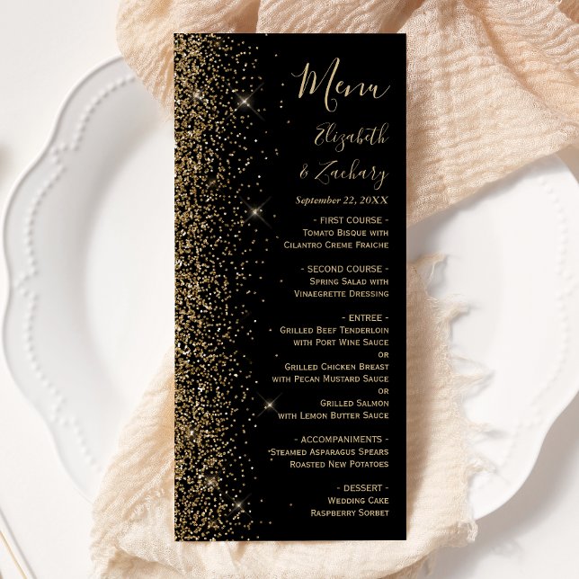 Menu Casamento de Borda Glitter Dourada e Preta Moderna (Criador carregado)