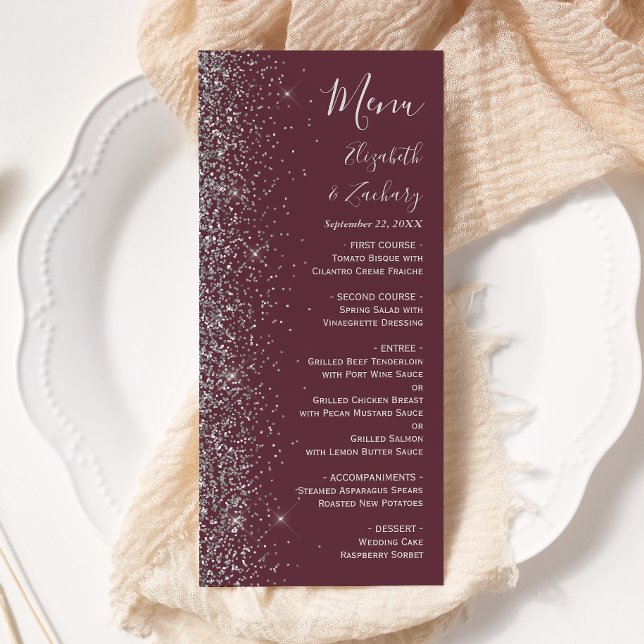 Menu Casamento de Borda Glitter Silver Moderno Burgundy (Criador carregado)