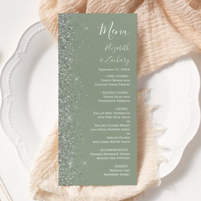 Menu Casamento de Borda Glitter Verde do Modern Sage (Criador carregado)