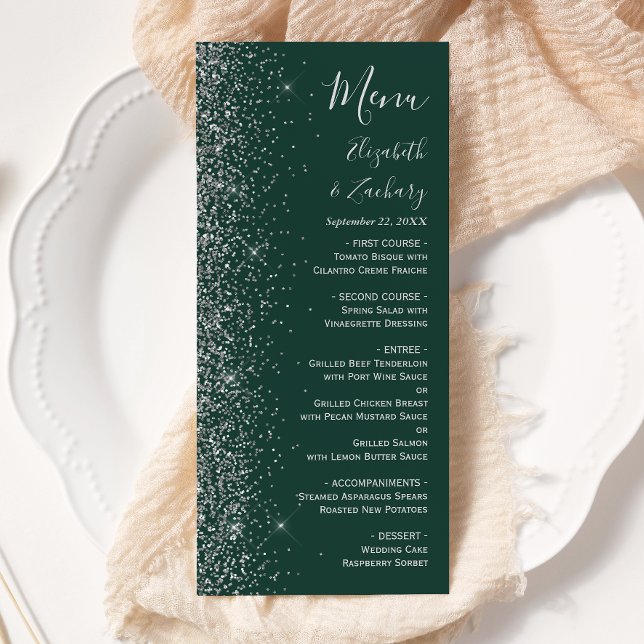 Menu Casamento de Borda Glitter Verde Moderno Escuro (Criador carregado)