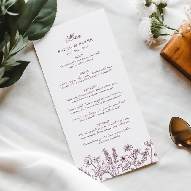 Menu Casamento de Borgonha Púrpura de Boho Wildflower E (Criador carregado)