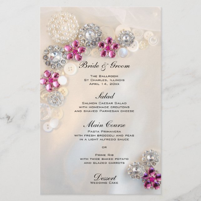 Menu Casamento de Botões de Diamante Cor-de-Rosa e (Frente)