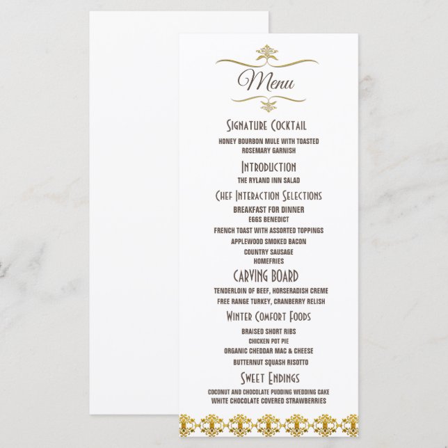 Menu Casamento de Brooch Dourado negro e legante (Frente/Verso)