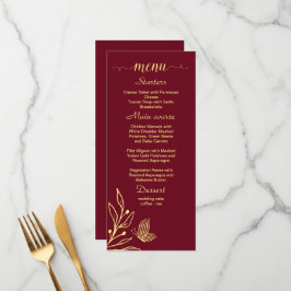 Menu Casamento de burgundy com flores de ouro simples