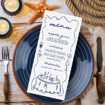Menu Casamento de Cachorros-de-Cabra-Costeira Desenhada<br><div class="desc">Carinhoso e casual menu de casamento do tema costeiro que apresenta rabiscos desenhados à mão em azul marinho náutico sobre fundo branco. As ilustrações incluem o champanhe e os coquetéis de vinho, conchas marinhas, um cenário de mesa e uma borda ondulada e rabugenta. O texto está no estilo de escrita...</div>