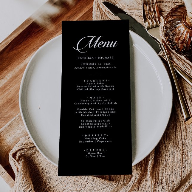Menu Casamento de Caligrafia Clássica Preto e Branco (Criador carregado)