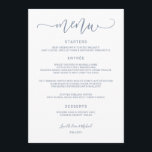 Menu Casamento de Caligrafia de Salto (Azul Dusty)<br><div class="desc">Menu de Casamento da Caligrafia de Swirly Bouncy (Dusty Blue): Este belo menu de casamento apresenta um roteiro de caligrafia azul brilhante e suja no topo. A parte de trás tem uma textura de madeira que você pode girar, mudar a cor de base ou excluir totalmente, se quiser. Altere o...</div>