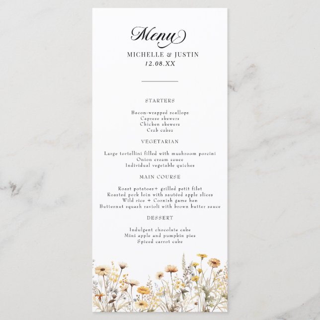 Menu Casamento de Caligrafia Elegante Boho (Frente)