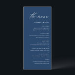 Menu Casamento de Caligrafia Elegante marinho Azul<br><div class="desc">Adicione um sotaque elegante à sua capa de tabela de eventos com este cartão de menu personalizável. Ele apresenta uma escrita caprichosa e uma simples tipografia. Personalize este cartão de menu moderno adicionando os seus próprios detalhes. Este cartão de menu azul e branco de marinho é perfeito para casamentos, chás...</div>