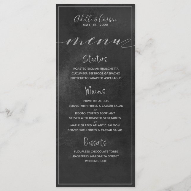 Menu Casamento de Caligrafia em Silver Swash Black Chal (Frente)