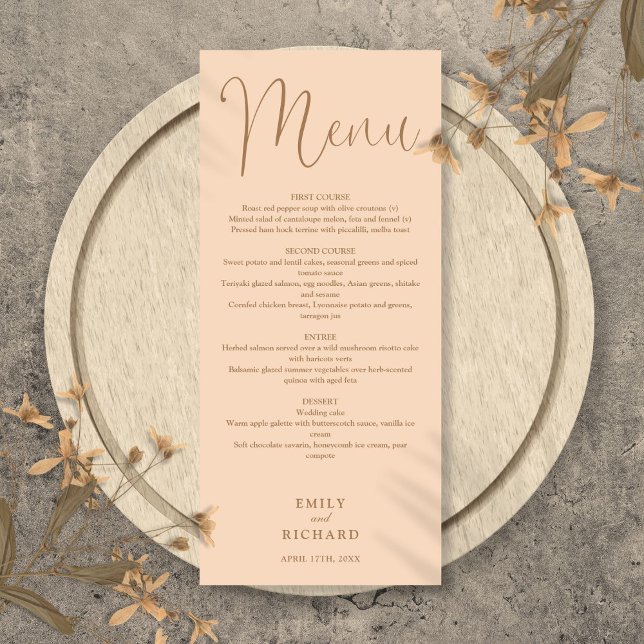 Menu Casamento de Caligrafia em Tom de Pêssego Suave (Soft Peach Calligraphy Script Wedding Menu)