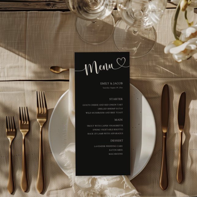 Menu Casamento de Caligrafia Moderna em Preto e Branco (Criador carregado)