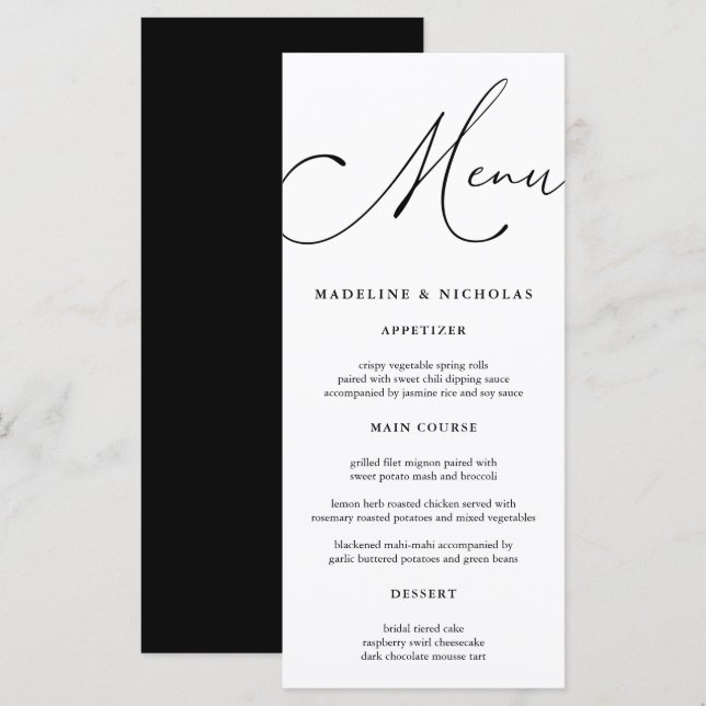 Menu Casamento de Caligrafia Moderna Preto e Branco (Frente/Verso)