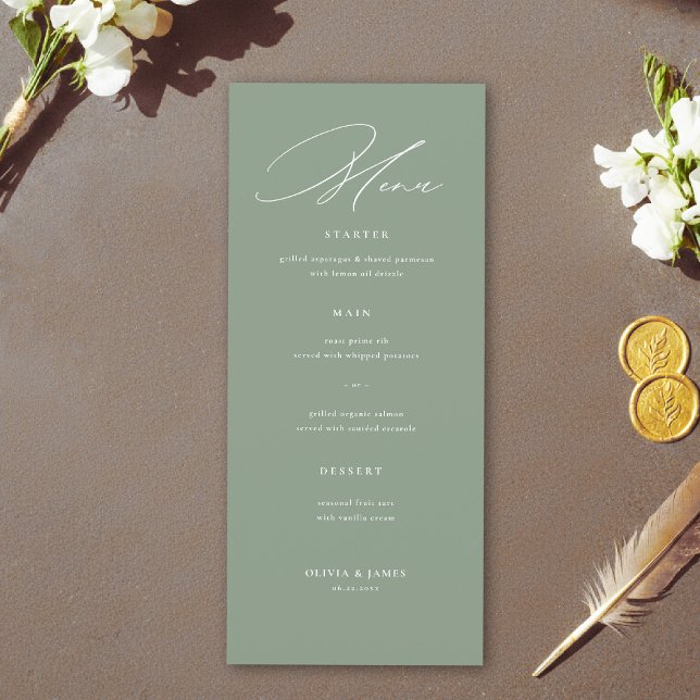 Menu Casamento de Caligrafia Moderna Verde Sage Branco (sage green wedding menu elegant modern calligraphy white simple contemporary stylish)