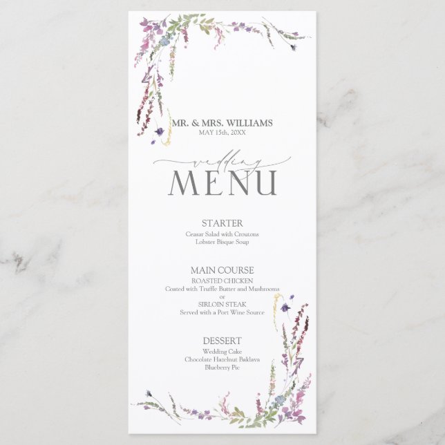 Menu Casamento de Caligrafia Roxo (Frente)