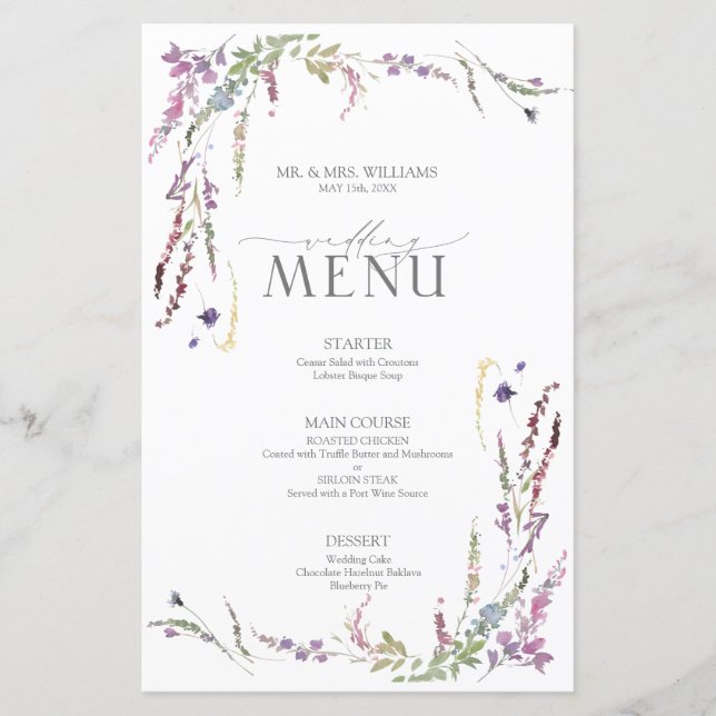 Menu Casamento de Caligrafia Roxo (Frente)