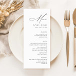 Menu Casamento de Caligrafia Simples Moderna Minimalist<br><div class="desc">Este Simples Menu de Casamento de Caligrafia Minimalista Moderno é perfeito para qualquer ocasião formal como um casamento, janto de ensaio ou festa de noivado. O design apresenta um esquema de cores preto e branco com um toque moderno e minimalista. O menu é simples e minimalista, fazer fácil para os...</div>