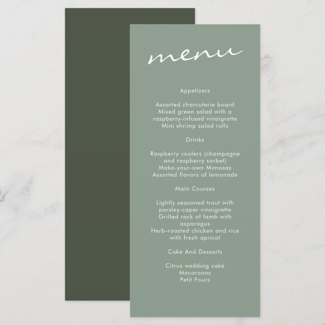 Menu Casamento de Caligrafia Verde Elegante Sage (Frente/Verso)