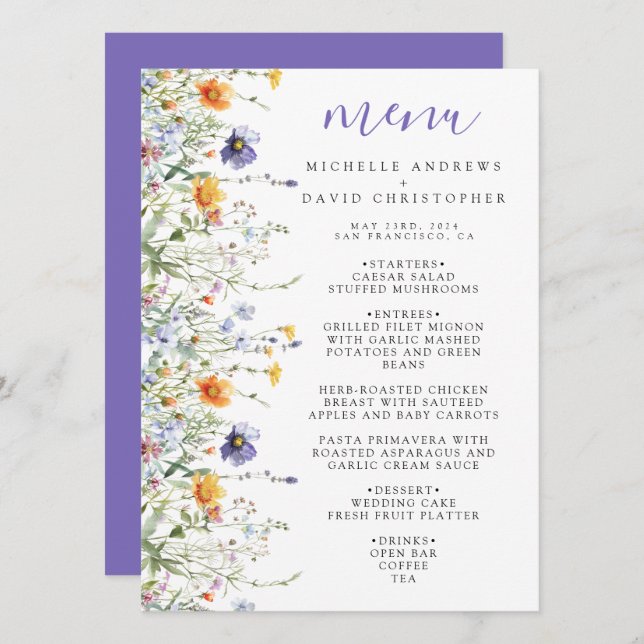 Menu Casamento de Campo de Flores Selvagens (Frente/Verso)