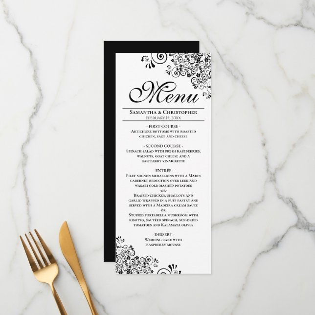 Menu Casamento de Cantos Decorativos Negros e Brancos E (Frente/Verso In Situ)