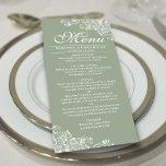 Menu Casamento de cantos verdes e brancos do sábado leg<br><div class="desc">Este adorável menu verde de sábio vai adicionar algum estilo à sua recepção de casamento. Ele apresenta um design simples, mas bonito, com letras elegantes de escrita e ornamentados decorativos e espirais brancos nos cantos. Há espaço para os nomes do casal e da data do casamento, e o texto é...</div>