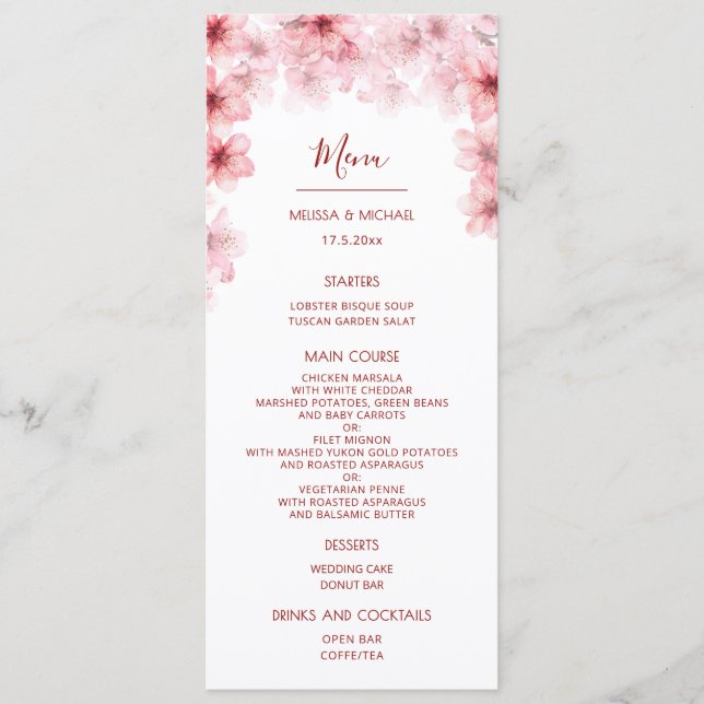 Menu Casamento de Cerejeira em Aquarela (Frente)