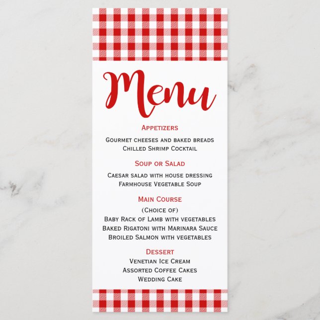 Menu Casamento de Cheque de Gingham Vermelho Branco Rus (Frente)