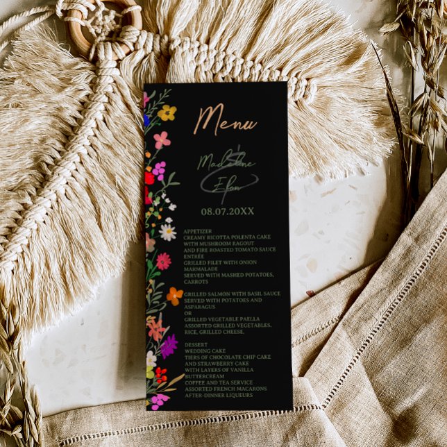 Menu Casamento de chic boho com flores silvestres brilh (Criador carregado)