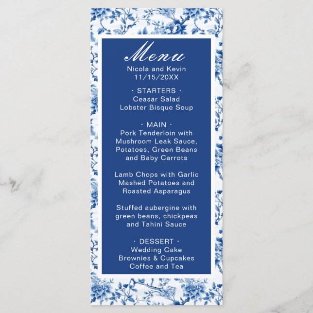Menu Casamento de Chinoiserie Blue Birds and Flowers (Frente)