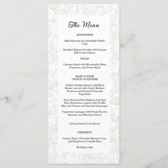 Menu Casamento de Chinoiserie Green Sage Peony (Frente)