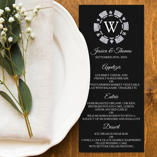Menu Casamento de Chip Casino de Silver Glitter Monogra (Criador carregado)