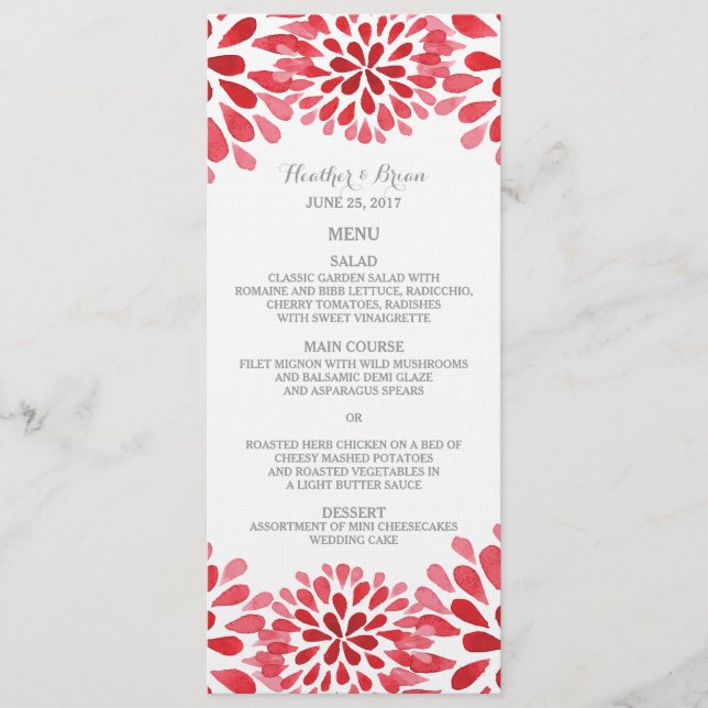 Menu Casamento de Chrysanthemum Red Watercolor (Frente)