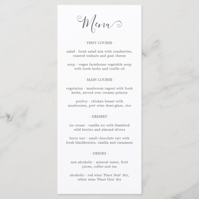 Menu Casamento de Cinzas de prata com caligrafia modern (Frente)
