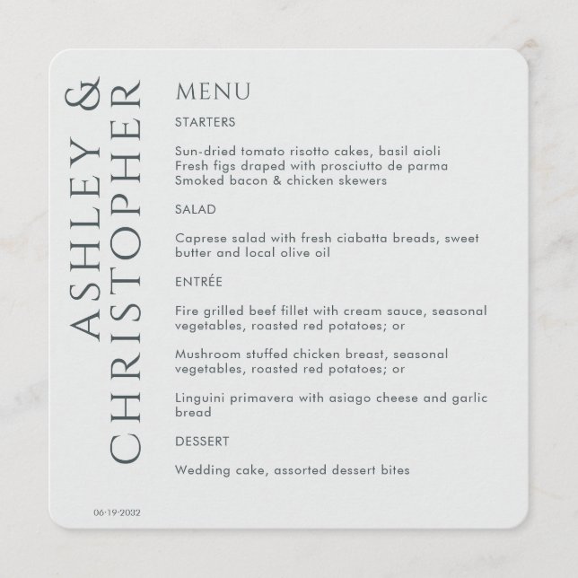 Menu Casamento de Cinzas Espaciais Modernas Elegante (Frente)