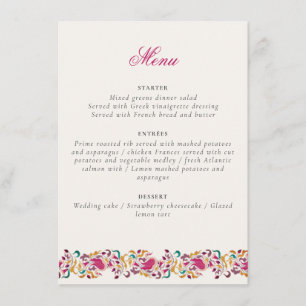 Menu Casamento de Cisne Floral Rosa Verde Amarelo Cláss