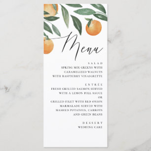 Menu Casamento de citros de aquarela. Laranja floral de