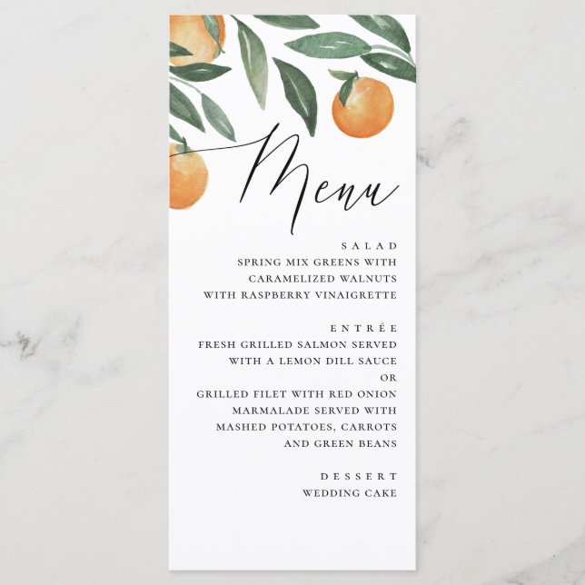 Menu Casamento de citros de aquarela. Laranja floral de (Frente)