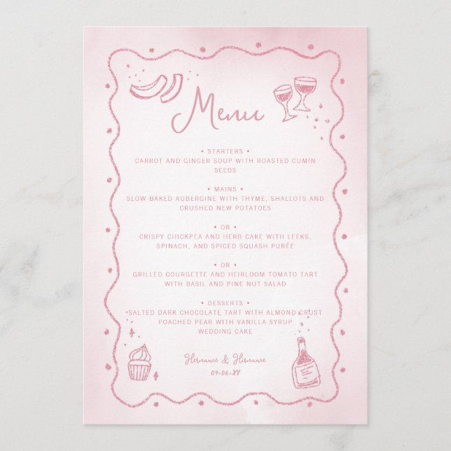 Menu Casamento de Comida Desenhada Com Mão Rosa Esbranq (Frente)