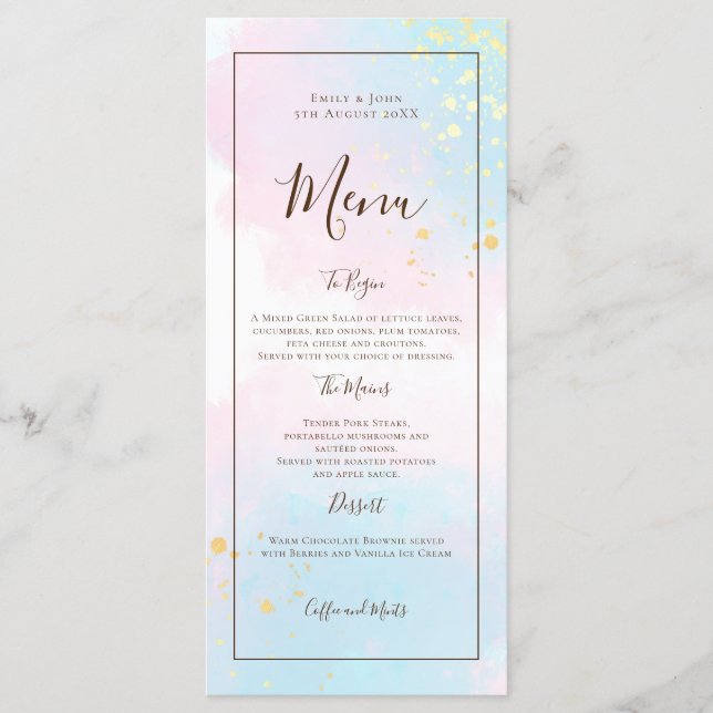 Menu Casamento de Confetti Dourado com Teal Rosa de Aqu (Frente)