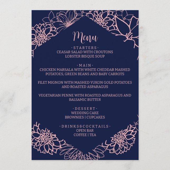 Menu Casamento de Contorno Floral Rosa (Frente)