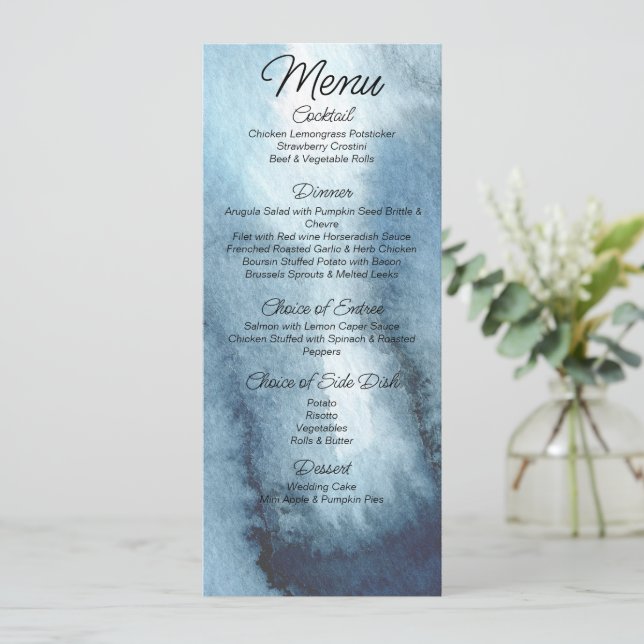 Menu Casamento de cor d'água de marinho azul Dusty (Em pé/Frente)
