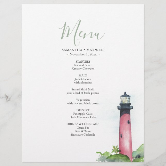 Menu Casamento de Cor de Água Costeira do Farol (Frente)