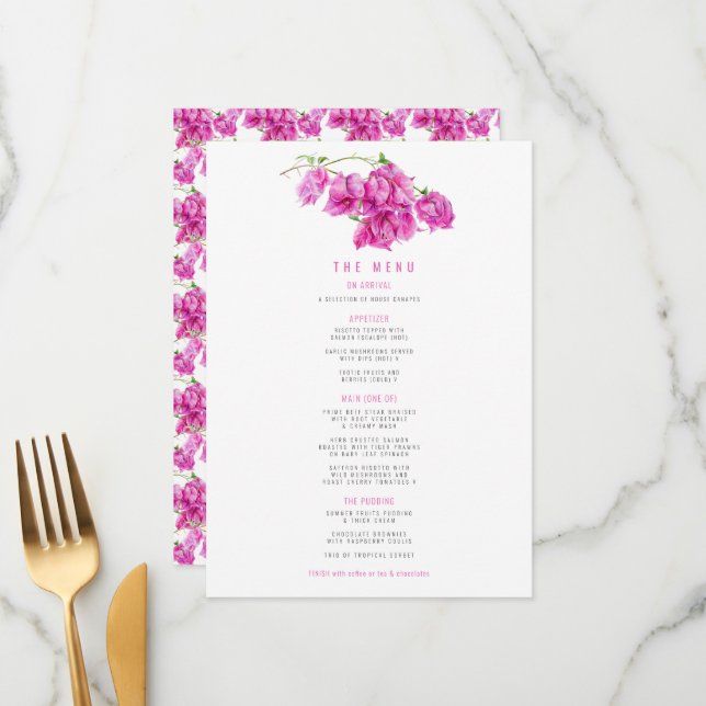 Menu Casamento de cor-de-água roxa-rosa Bougainvillea (Frente/Verso In Situ)