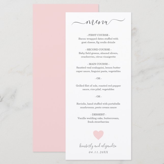 Menu Casamento de Coração Rosa Bonito (Frente/Verso)