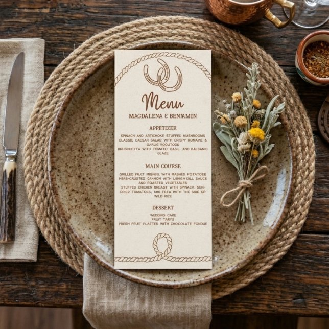 Menu Casamento de Corda Ocidental Rústica Marrom Ferrad (Criador carregado)