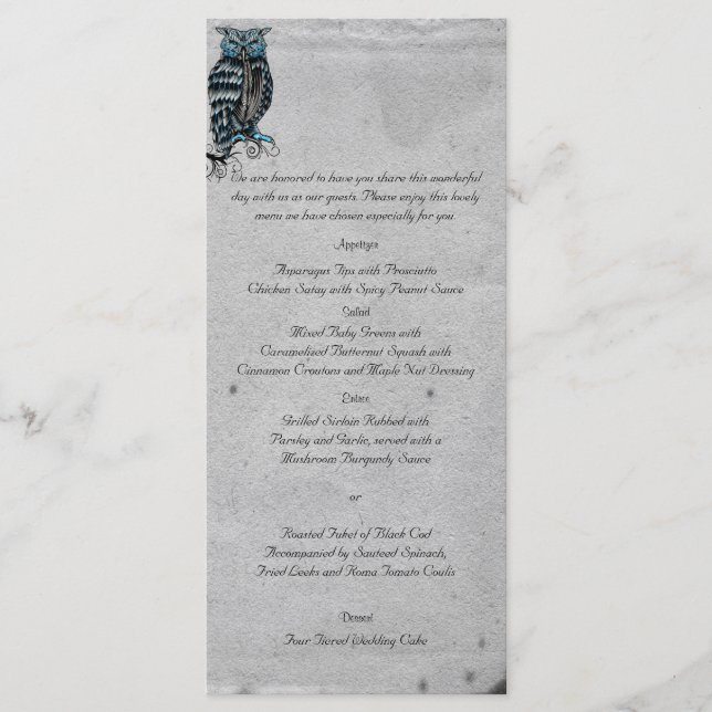 Menu Casamento de Coruja Gótica Azul Posh (Frente)