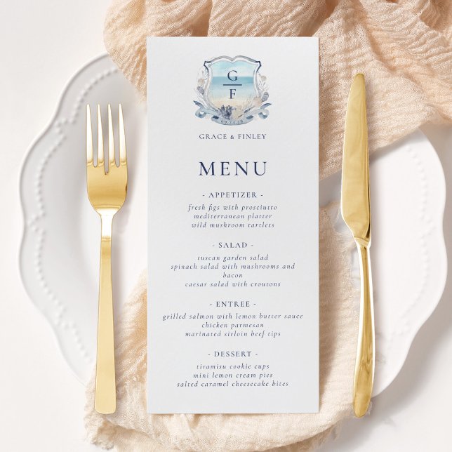 Menu Casamento de Crest do Monograma de Praia Elegante (Criador carregado)